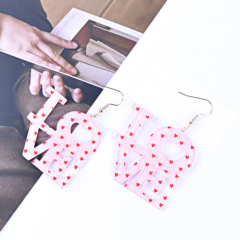 Wholesale Valentine's Day Love Red Pink Glitter Love English Letter Party Gift Earrings